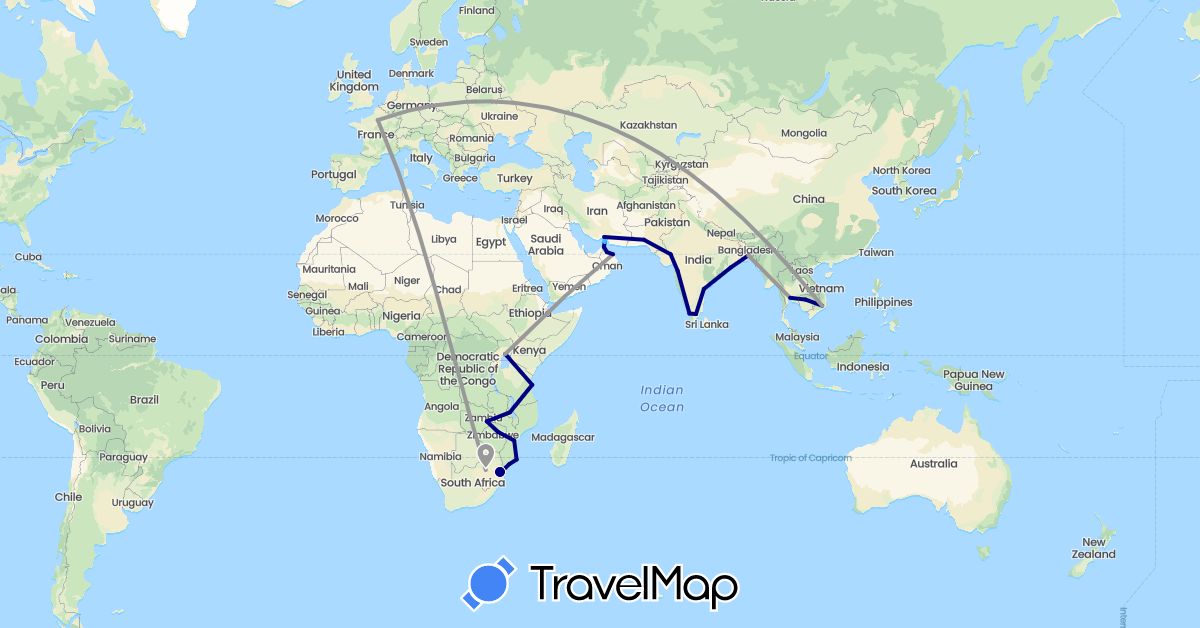 TravelMap itinerary: driving, plane, boat in France, India, Iran, Mozambique, Rwanda, Thailand, Tanzania, South Africa, Zambia, Zimbabwe (Africa, Asia, Europe)
